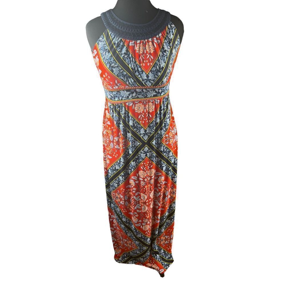 Sandra Darren red blue maxi halter handkerchief floral stretchy medium dress